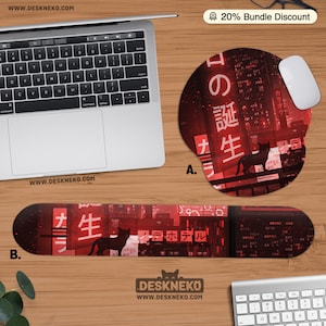 Red Mouse Pad Keyboard Wrist Rest, Black Cat Neon Tokyo Japan, Ergonomic Keyboard Support Desk Mat Mouse Mat, Anime Aesthetic Desk Accessory