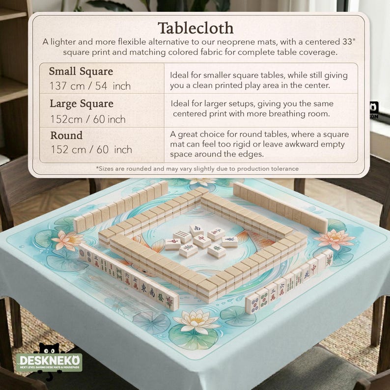May include: A light blue tablecloth featuring a centered lotus flower and lily pad print, displayed on a square table with a mahjong tile set arranged in the center. An informational chart above lists sizes including 54 inch, 60 inch, and 33 inch.