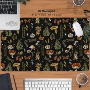Dunkles Mauspad, Mushroom Mousepad, Forest Cottagecore Schreibtischmatte xl, weiche ergonomische Tastaturstütze mit Handballenauflage, schwarze ästhetische Schreibtischmatte
