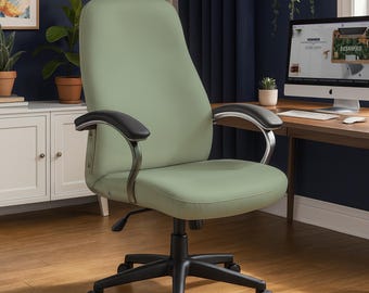 Sage green desk chair cover, Minimalist office seat slipcover, Olive tone computer swivel wrap, Japandi workspace decor, Calming neutral