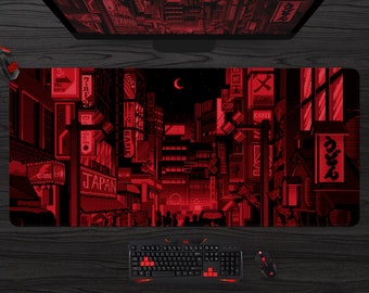 Neon Tokyo Desk Mat Red, Vaporwave Anime Street, Purple Japanese