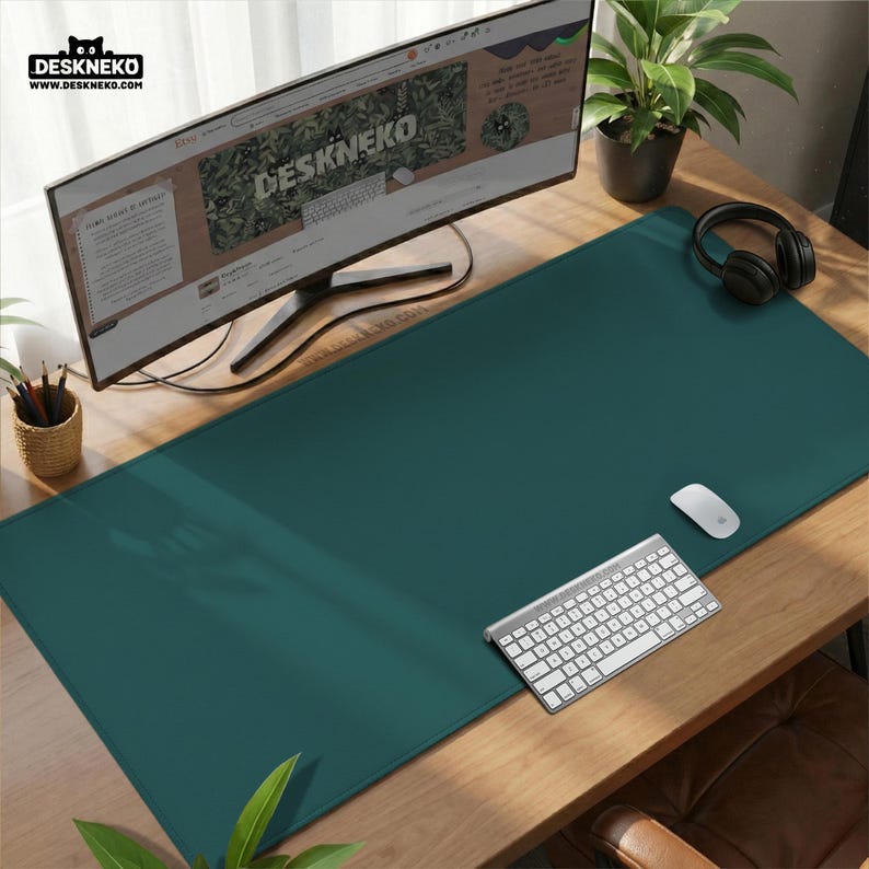 May include: A teal desk mat with a computer monitor, keyboard, mouse, and headphones on a wooden desk. The monitor displays the website "DESKNEKO". A small plant and a pencil holder are also visible.