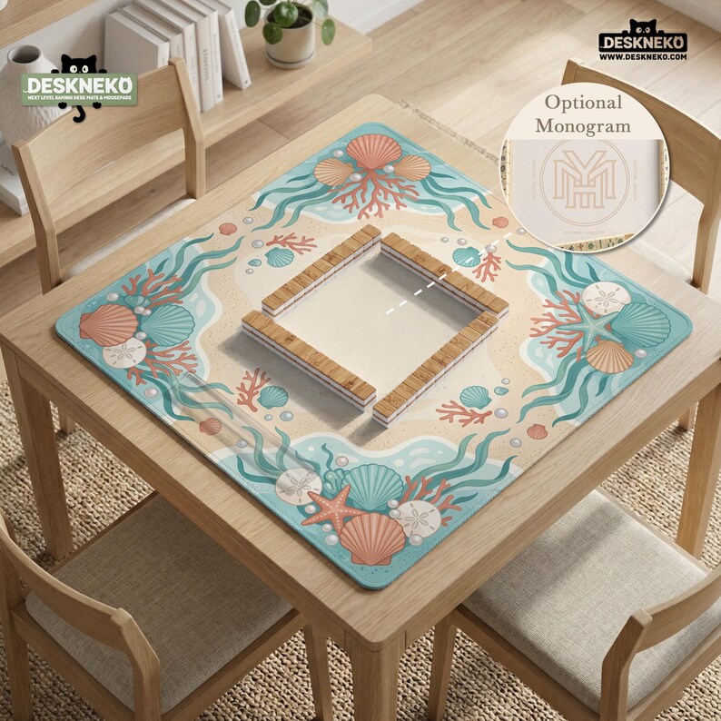 Coastal Mahjong Mat, Round Game Table Surface, American Mahjong Gift, Seashell Beach Decor For Tile Game Night With Pearls image 16