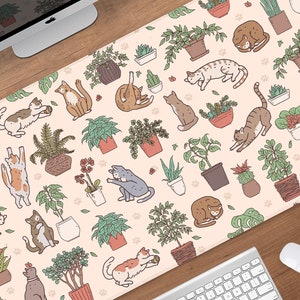 Katzen und Pflanzen Mousepad Beige Schreibtischmatte, Boho Blätter Natur Muster neutrales Licht minimal art, xl große Gaming Schreibtischmatte kleines Mauspad
