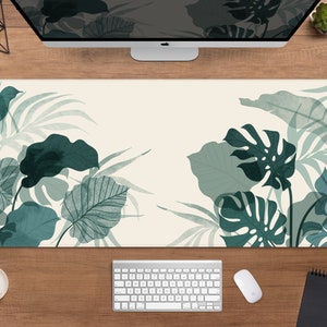 Green desk mat monstera mousepad, nature tropical monsterra leaves boho pattern, forest flowers mousemat, cute xxl gaming deskmat mouse pad