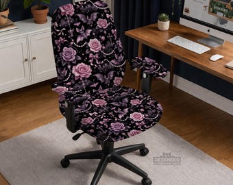 Funda para silla de oficina, funda elástica con opciones de reposabrazos, funda gótica rosa murciélago para silla de escritorio, decoración lavable para silla de ordenador de respaldo alto.