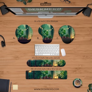 May include: A collection of aesthetic desk mats and mouse pads with a nature-inspired design. The set includes three mouse pads, a keyboard wrist rest (17 x 3 x 1 inches), and a desk mat (18 x 4 x 0.5 inches). The mouse pads are 9 x 10 inches. The design features a window scene with plants.