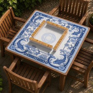 May include: A square wooden table featuring a blue and white patterned surface with koi fish, lotus flowers, and pagodas. A central square bamboo frame sits on the tabletop, enclosing a white center with a circular blue floral design.