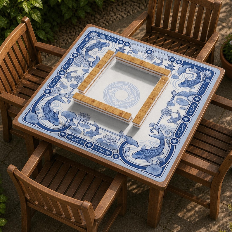 May include: A square wooden table featuring a blue and white patterned surface with koi fish, lotus flowers, and pagodas. A central square bamboo frame sits on the tabletop, enclosing a white center with a circular blue floral design.