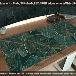 Växter skrivbordsmatta grön guld, Stor musmatta abstrakt natur mörk, XXL gaming skrivbordsmatta rgb led, Boho chic inredning musmatta tangentbord handledsstöd