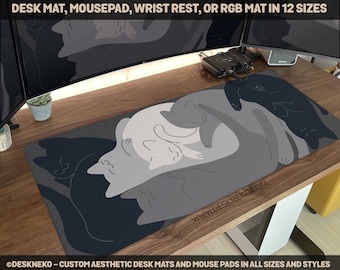 Cute cats Desk Mat black white grey, Simple mousepad aesthetic, Large minimalist mouse pad, gaming deskmat rgb, Kawaii keyboard wrist rest
