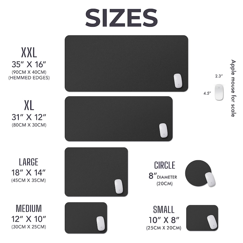 May include: A product image displays various sizes of black mouse pads, including XXL (35" x 16"), XL (31" x 12"), Large (18" x 14"), Medium (12" x 10"), Small (10" x 8"), and a Circle (8" diameter). An Apple mouse is shown for scale.