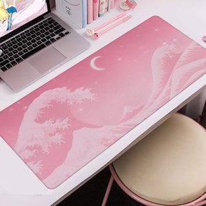 Pastel pink desk mat | The Great Wave of Kanagawa  | Cute Kawaii Anime Aesthetics design | XXL Gaming mousepad
