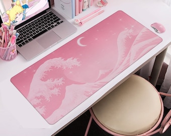 Pastell rosa Schreibtischmatte | Die große Welle von Kanagawa | Süßes Kawaii Anime Aesthetics Design | XXL Gaming Mauspad