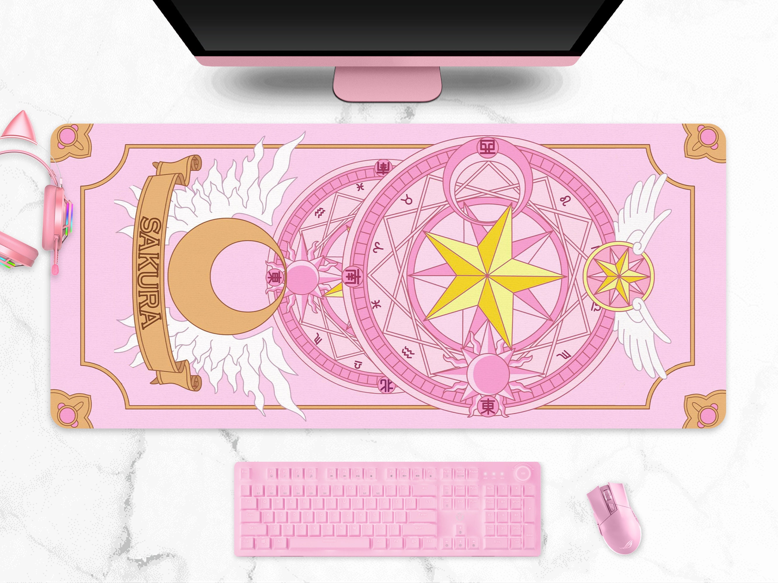 Sakura Mousepad, Magical Girl XXL Gaming Desk Mat, Cute Pink