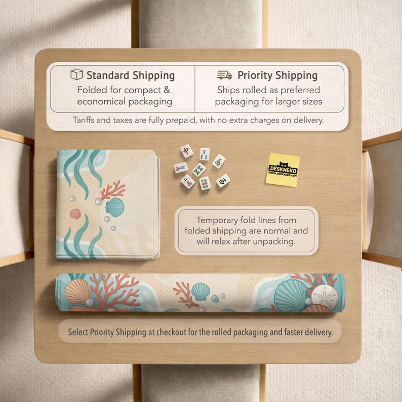 May include: A rectangular mat featuring a light-colored sandy background with illustrations of teal seaweed, coral, and various seashells. The mat is shown in both a folded square configuration and a rolled cylindrical form, accompanied by small mahjong tiles.