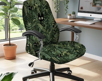 Bonita funda para silla de escritorio, funda verde para silla de oficina o gaming, protector de asiento elástico con plantas y gatos negros, arte de gatos de anime kawaii.