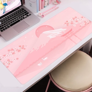 Cherry Blossom desk mat, Japanese mt Fuji landscape Aesthetics mouse pad, minimal kawaii pastel pink Sakura tree, Gaming mousepad 6 sizes image 2