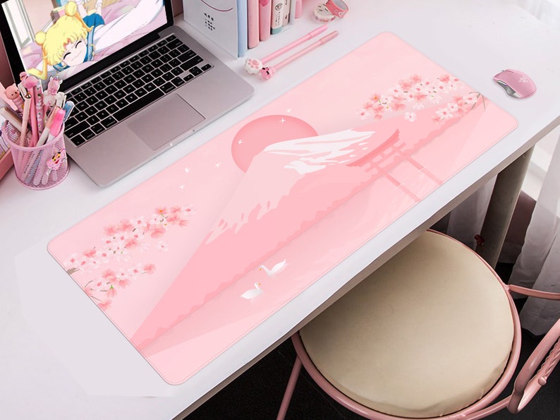 Cherry Blossom desk mat, Japanese mt Fuji landscape Aesthetics mouse pad, minimal kawaii pastel pink Sakura tree, Gaming mousepad 6 sizes image 2