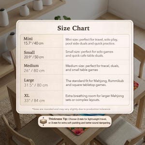 May include: A rectangular size chart for game mats with five categories: Mini at 15.7 inches, Small at 20.9 inches, Medium at 26 inches, Large at 31.5 inches, and XL at 33 inches. A thickness tip indicates options for 2 mm or 3 mm padding.