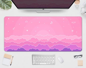 Kawaii clouds Desk Mat xxl, Cute pink Mousepad, pastel purple sky moon stars, kawai deskpad mouse pad matt, space xxl large gaming deskmat