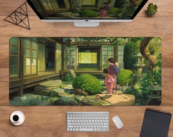 Leuke anime-bureaumat Tokyo, Japanse muismat xl, schattige extra grote gamingmuismat xl, groen lo fi lofi Anime Aesthetics landschapstempel