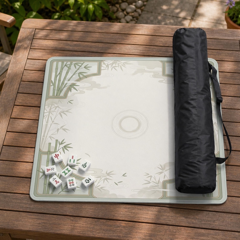 May include: A square mahjong mat featuring a light-colored surface with a green bamboo print and a central circular design. Several white mahjong tiles with red and green characters are scattered on the mat, accompanied by a black carrying case.