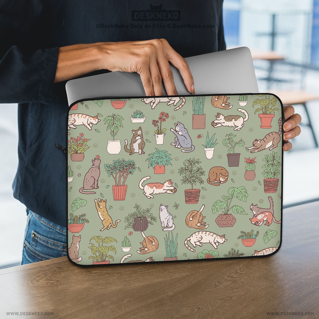 Cute Cats Laptop Sleeve, Computer Bag for Kids/women, Sage Green Plant ...