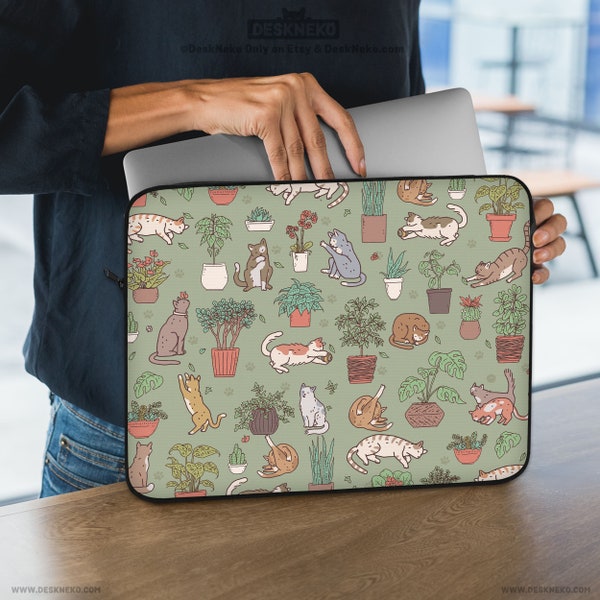Cute Cats Laptop Sleeve, Computer bag for kids/women, Sage Green Plant mom/nature lover cover ipad/macbook pro 10 11 12 13 14 15 16 17 inch