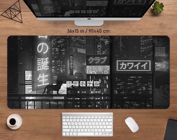 matsuri　0102 ♡ Tokyo City Desk Mat Vaporwave Mousepad Black and White, Lofi