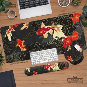 Japanisches Mousepad mit Handballenauflage, schwarzes ergonomisches Mauspad, abstrakte orientalische Koi-Fisch-Kunst, große Tastatur, Schreibtischmatte Geschenk für Spieler