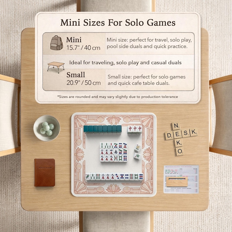 May include: A wooden table with a Mahjong set, a small brown book, and a bowl of green spheres. The set includes green and white tiles. A sign indicates mini sizes for solo games, with the mini size at 15.7 inches / 40 cm and the small size at 20.9 inches / 50 cm.
