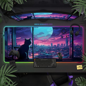 Purple Desk Mat Anime, Led Mouse Pad rgb, Mousepad Keyboard matt xxl, Wireless charge, Vaporwave neon city cat, Extended Deskmat for gamer