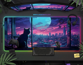 Purple Desk Mat Anime, Led Mouse Pad rgb, Mousepad Keyboard matt xxl, Wireless charge, Vaporwave neon city cat, Extended Deskmat for gamer