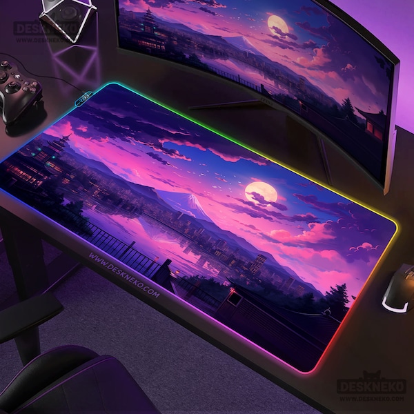 Purple Anime Mouse Pad LED: Gaming Desk Mat RGB, Large Keyboard Deskmat xl playmat, wireless charging mousepad xxl, Japanese Fuji landscape