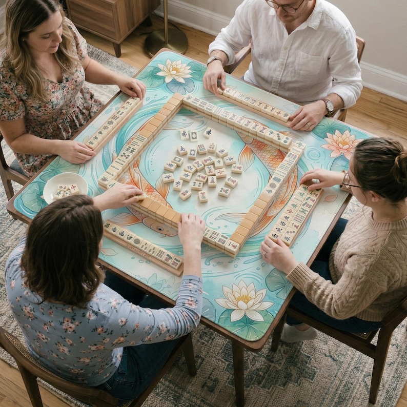 K&ouml;nnte beinhalten: Ein quadratischer Mahjong-Tisch mit einer hellblauen Oberfl&auml;che, die mit einem Koi-Karpfen und Lotusbl&uuml;ten illustriert ist. Vier Personen sitzen um den Tisch und spielen mit elfenbeinfarbenen Mahjong-Steinen in Reihen.
