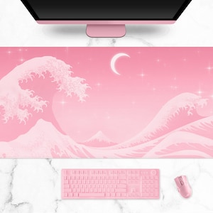 Pastel pink desk mat, The Great Wave of Kanagawa, Cute Kawaii Anime Aesthetics mouse pad, XXL Gaming mousepad (6 sizes)