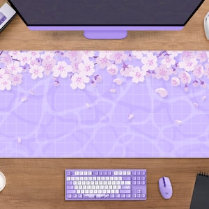 Pastel Purple Desk Mat Cute Mousepad Kawaii, Cherry blossom Lavender lilac anime aesthetics deskmat, Sakura japanese xxl gaming mouse pad