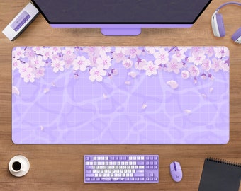 Pastel Purple Desk Mat Cute Mousepad Kawaii, Cherry blossom Lavender lilac anime aesthetics deskmat, Sakura japanese xxl gaming mouse pad
