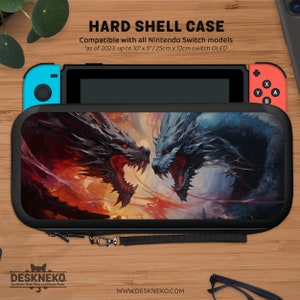 May include: A black hard shell case for a Nintendo Switch, with an illustration of two dragons. The case is compatible with all Nintendo Switch models up to 25cm x 12cm. The text "HARD SHELL CASE" is visible. The brand name is Deskneko.