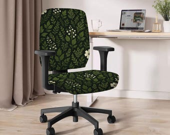 Floral Desk Chair Cover, Green Cottagecore Slipcover for Office or Gaming Chair, Stretch Seat Protector with Flowers, Dark green floral art