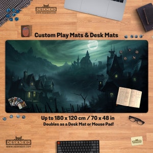 Horror Spielmatte/Schreibtischunterlage, Tcg mtg Kartenspiel/Würfel/Brettspiel, grüner Spooky Friedhof 60x36, große genähte Schreibtischmatte/Mauspad/Spielmatte