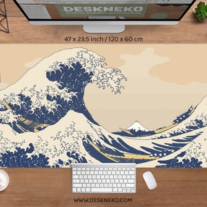 Japanese Great Wave Desk Mat Mousepad, Original Hokusai Woodblock oriental art Japan aesthetic, Large xxl wide long Gaming Deskmat mouse pad