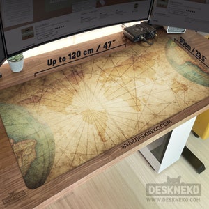 World Map Desk Mat Mouse Pad, Extra large gaming Deskmat led/rgb xxl, Stitched extended pc keyboard matt xl, Vintage topo playmat/mousepad