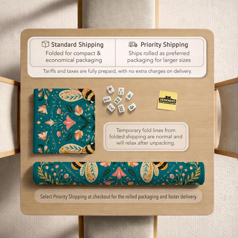 May include: A teal play mat featuring a repeating pattern of bees and flowers in shades of orange, yellow, and cream. The set includes several small white mahjong tiles with black characters and a yellow square sticker with the text DESKNEKO.
