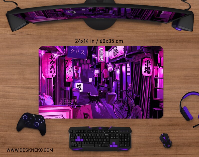 May include: A rectangular desk mat with a vibrant illustration of a Japanese street scene in shades of purple and pink. The design features lanterns, storefronts, a bicycle, and a black cat. The mat measures 24x14 inches.