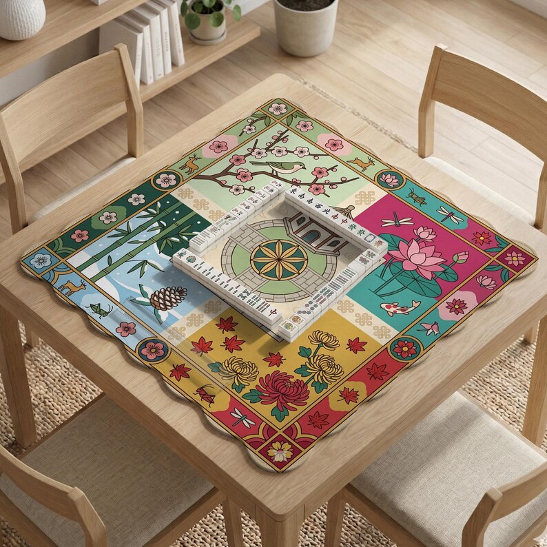 Mahjong Mat, Four Seasons Mahjong Table Mat, Cherry Blossom Bird Lotus Garden Playmat, Travel Game Pad, Asian Decor Gift for Tabletop Games image 16