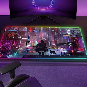 Gaming Desk Mat vaporwave RGB LED Mousepad cyberpunk ninja, Tokyo city Japanese Neon signs anime Japan, big xl deskmat mouse pad large XXL