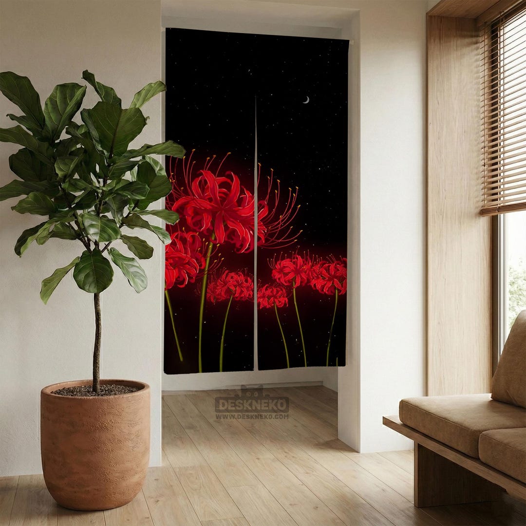 Moonlit Red Noren Door Curtain, Moonlit Red Spider Lily Japanese Curtain, Starry ...