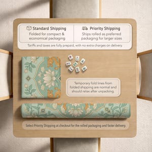 May include: A rolled-up, mint green and gold patterned mat with a matching folded mat and Mahjong tiles. The mats feature a floral and dragon design. The text on the image says "Standard Shipping" and "Priority Shipping".